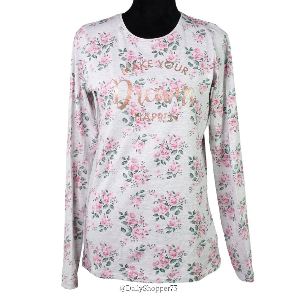 Primark Girls' Pink Floral "Make Your Dreams Happen" Gold Foil Long Sleeve Tee